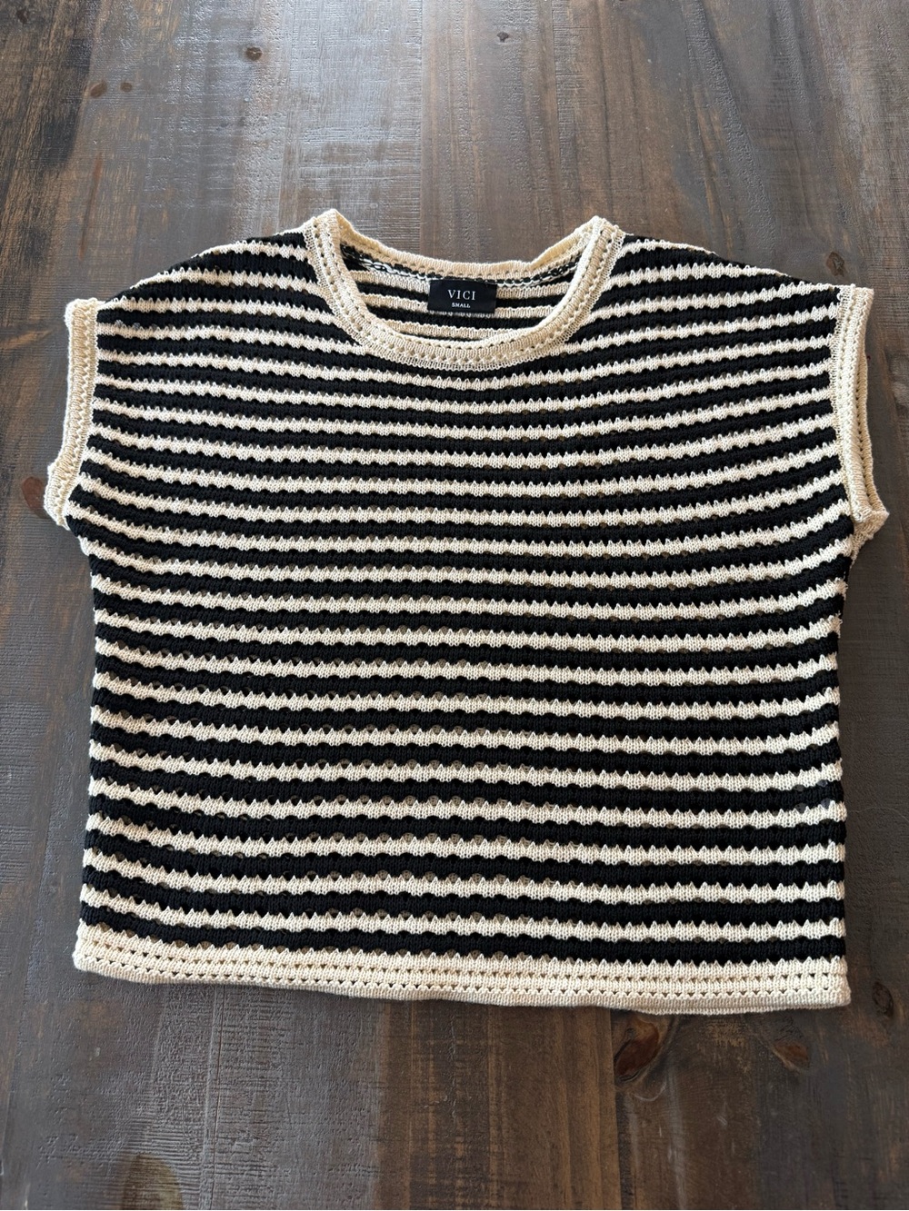 Vici Striped Crochet Tank Top — Black & Cream